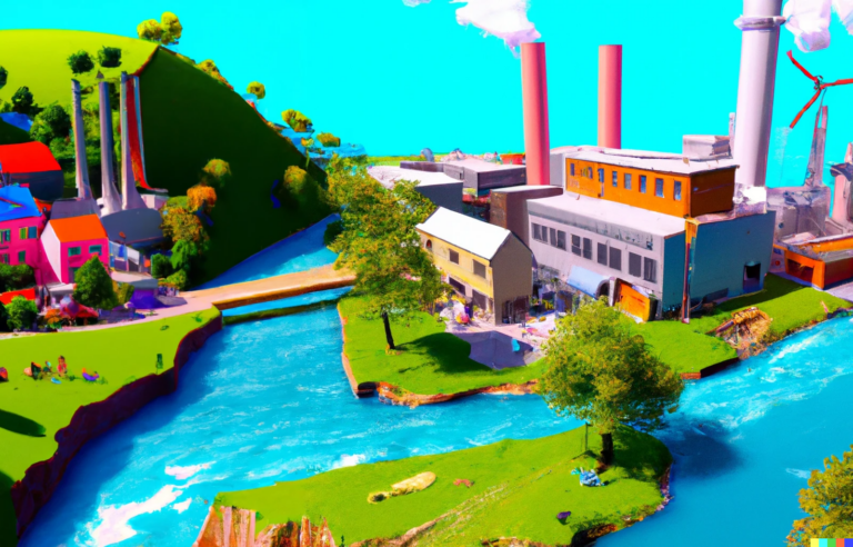 Définition responsabilité sociétale de l'entreprise (image d'illustration d'une usine entourée de verdure et de rivières)