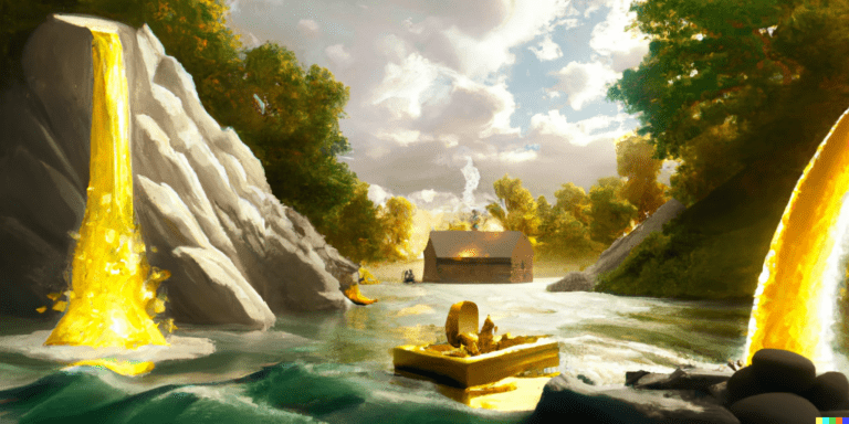 Mécénat et responsabilité sociétale de l'entreprise (image DALL E d'illustration avec de l'or dans une rivière)